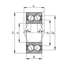 角接觸球軸承 3008-B-2RSR-TVH, 雙列，雙側唇密封，接觸角 α = 25°