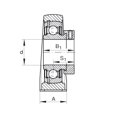 直立式軸承座單元 PAK45, 鑄鐵軸承座，外球面球軸承，根據(jù) ABMA 15 - 1991, ABMA 14 - 1991, ISO3228 帶有偏心緊定環(huán)